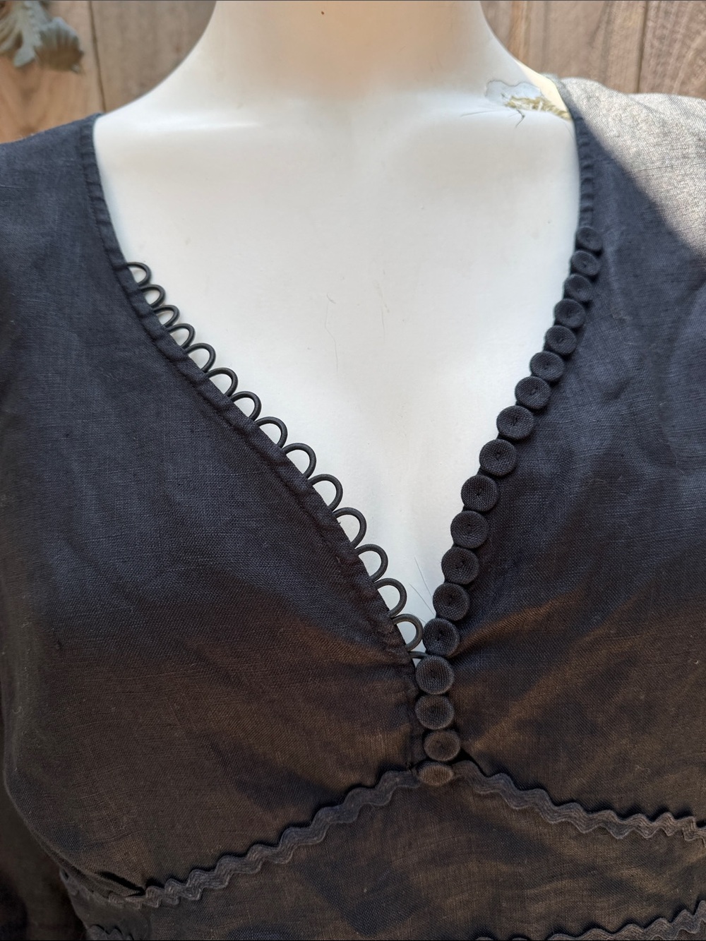 Anne Fontaine Peasant Blouse Top Linen Black V-Neck Tie Back Charlette 46 - Picture 8 of 10